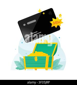 Carta di credito nera premium che vola sopra una cassaforte aperta con monete d'oro, illustrazione vettoriale. Ricompense finanziarie, banca esclusiva, cashback e wea Illustrazione Vettoriale