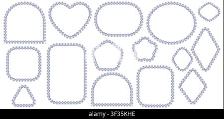 Bordi di pizzo ad occhiello di periwinkle daisy delineano arco, cuore, ellisse, cerchio, rettangolo, quadrato, pentagono, rombo più cornici triangolari su bianco come set di etichette romantiche per matrimoni vintage. Illustrazione Vettoriale