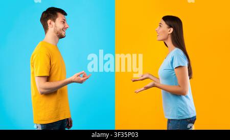Ritratto del profilo di coppia che parla l'un l'altro Foto Stock