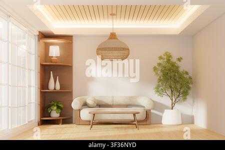 Rendering 3D di un interno di soggiorno in stile Japandi con divano curvo e lampada a sospensione in rattan Foto Stock