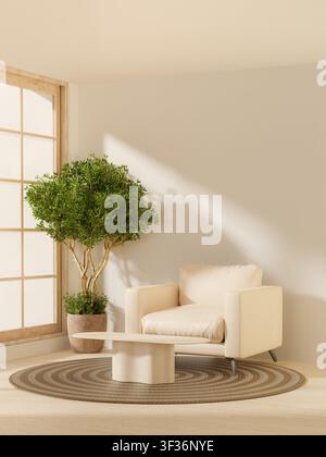 Rendering 3D di un angolo lettura minimalista e accogliente con poltrona e albero in vaso Foto Stock