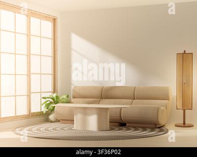 Rendering 3D di un interno di soggiorno minimalista Japandi con divano moderno e tavolino Foto Stock