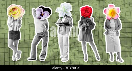 Cinque donne con fiori colorati a forma di testa in piedi su uno sfondo a griglia verde, concetto di individualità e natura, ogni donna mostra un'unica acconciatura floreale Foto Stock