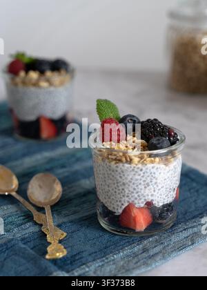 Dessert sano a strati di budino di chia servito in un bicchiere con bacche fresche e granola croccante Foto Stock