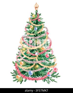 Un albero di Natale decorato con ornamenti, ghirlande e una stella. Illustrazione acquerellata isolata per il design di biglietti di Natale, interni di Capodanno Foto Stock