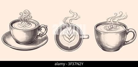 Illustrazioni vintage di tazze da caffè disegnate a mano – Set di schizzi di arte latte Illustrazione Vettoriale