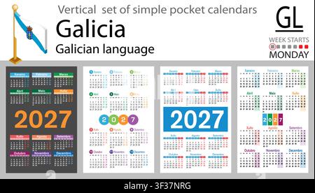 Set decorativo di 2027 calendari da tasca per la Galizia. layout verticale, la settimana inizia di lunedì. Set base vettore organizzatore duemiladuecentoventisette. Illustrazione Vettoriale