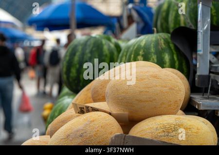 Meloni maturi e succosi giacciono sul banco del mercato o del bazar. Vendita di ortaggi e frutti maturi e freschi al mercato degli agricoltori. Primo piano. Foto Stock