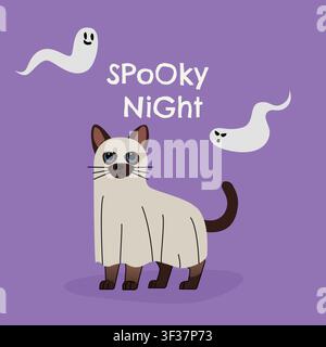 Illustrazione di Halloween di un gatto siamese in costume da fantasma, circondato da fantasmi fluttuanti amichevoli e lettere giocose di Spooky Night su un viola Illustrazione Vettoriale