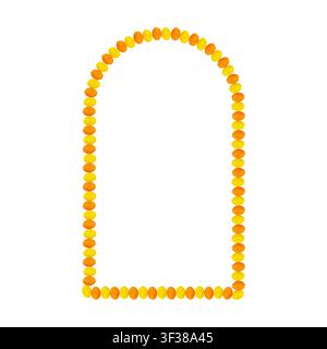 Cornice vettoriale per Diwali e matrimonio. Bordo a forma di arco appuntito di ghirlanda di fiori di marigold arancione e giallo. Decorazione tradizionale indiana per Onam, Puja, isolata su sfondo bianco. Illustrazione Vettoriale