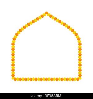 Cornice vettoriale per Diwali e matrimonio. Bordo a forma di arco appuntito di ghirlanda di fiori di marigold arancione e giallo. Decorazione tradizionale indiana per Onam, Puja, isolata su sfondo bianco. Illustrazione Vettoriale