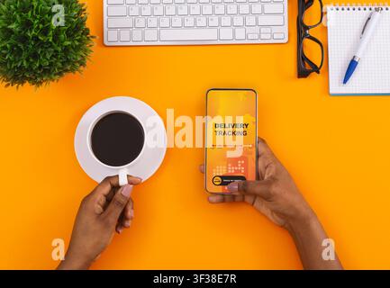 Donna African american mano tenendo uno smartphone Foto Stock