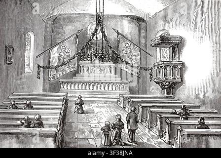 Vista interna della chiesa di Marpingen in Saarland, rinomata in tutto il mondo per le sue apparizioni mariane storiche nella foresta di Härtelwald, 1880, Germania. Illustrazione, riproduzione di un originale del XIX secolo. Autentico, file restaurato per un uso ottimale, data esatta dell'originale sconosciuta. Storico. Foto Stock