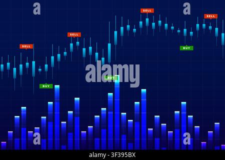 Un grafico a candele blu su una griglia scura che mostra barre di volume e segnali di acquisto e vendita prominenti, illustrando le tendenze del mercato, l'attività di trading, Illustrazione Vettoriale