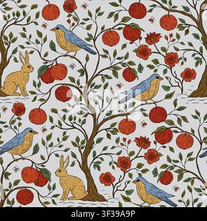 Stravagante bohémien Boho Garden Seamless Pattern con coniglio uccello Apple Fruit Tree Fiore in fiore e viti decorative Illustrazione Vettoriale