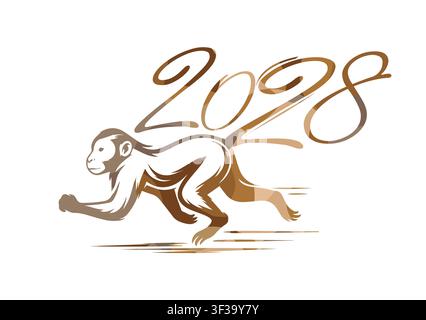 Buono anno nuovo della scimmia marrone 2028 biglietto di auguri per l'anno della scimmia secondo il calendario cinese. Disegnato a mano. Non AI, vettore Illustrazione Vettoriale