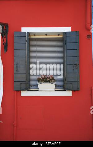 Casa rossa con persiane chiuse e fioriera sul davanzale, Casa rossa sull'isola di Burano nella laguna di Venezia, Veneto, Italia Foto Stock