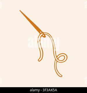 Illustrazione vettoriale di un ago da cucito classico infilato con un lungo filo ondulato. Icona artistica a linee arancioni disegnata a mano per sartoria e artigianato Illustrazione Vettoriale