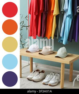 Magliette colorate appese con cappelli e scarpe da ginnastica in esposizione Foto Stock
