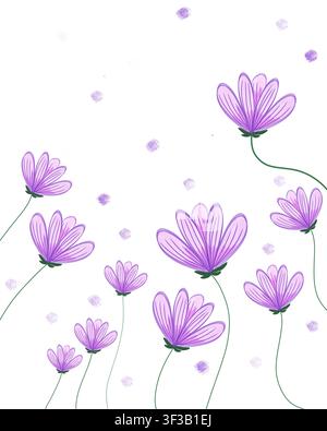 Illustrazione digitale di fiori selvatici viola con lunghi steli verdi curvi sparsi su uno sfondo bianco, accentuati da una texture a punti morbidi. Foto Stock