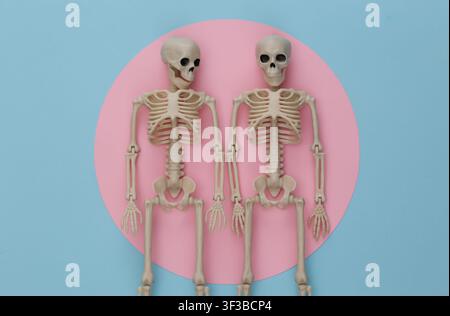 Due scheletri finti su sfondo pastello rosa-blu. Decorazione per Halloween, tema spaventoso. Flat lay. Minimalismo Foto Stock