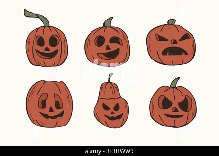Collezione di clipart colorati di facce di zucche intagliate carine e spaventose per Halloween Illustrazione Vettoriale