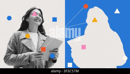 Donna sorridente che tiene un tablet in ufficio, concetto aziendale Foto Stock