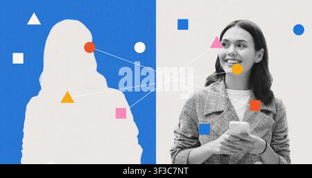 Giovane donna sorridente che tiene uno smartphone in ufficio, figura irriconoscibile, concetto aziendale Foto Stock