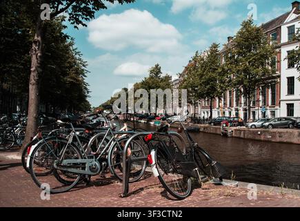 Amsterdam, Paesi Bassi. 21 giugno 2014, molte biciclette parcheggiate lungo la strada del canale di Amsterdam Foto Stock