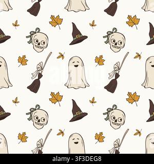 Sfondo vettoriale senza cuciture con un dolce fantasma di Halloween e un teschio disegnati a mano Illustrazione Vettoriale