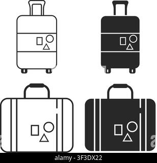 Set di icone di viaggio piatte con valigie e borse con ruote in stili a contorno e silhouette con dettagli adesivi per il design turistico e delle vacanze. Illustrazione Vettoriale