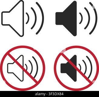 Varie icone di altoparlante che rappresentano suono e silenzio. Simboli professionali per il controllo del volume e le impostazioni audio nelle applicazioni digitali. Illustrazione Vettoriale