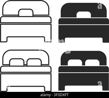 Un insieme di icone minimaliste in bianco e nero per letti con disposizioni di cuscini singoli e doppi per l'arredamento di camere da letto e simboli di hotel. Illustrazione Vettoriale