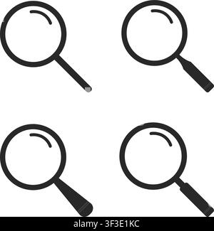 Una raccolta pulita di quattro icone di lente d'ingrandimento nere con design di maniglia vari, perfette per barre di ricerca dell'interfaccia e concetti di ricerca. Illustrazione Vettoriale
