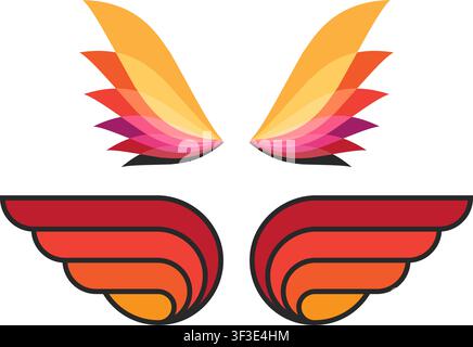 Un set vivace di due loghi astratti a forma di ali con strati sfumati di arancione, rosso e rosa, perfetti per il branding moderno e i design creativi. Illustrazione Vettoriale