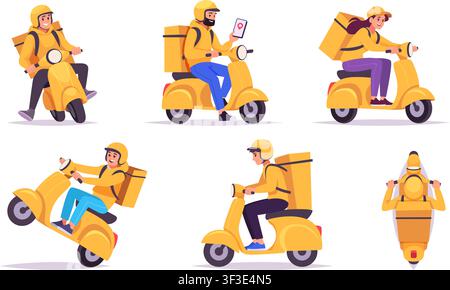 Servizio di corriere. Illustrazione vettoriale con conducente di scooter per consegne viste davanti e dietro per una raccolta logistica esatta Illustrazione Vettoriale