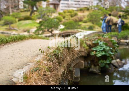 Una vista a bassa angolazione di un sentiero curvo lungo il bordo di uno stagno sereno in un giardino giapponese tradizionale. In primo piano è visibile il percorso in cemento Foto Stock