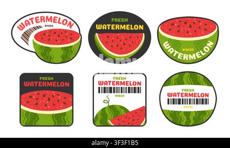 Set di etichette con codice a barre di frutta anguria. Badge retrò alla moda con etichetta di qualità fresca biologica per imballaggi di supermercati, negozi di fattoria e negozi di alimentari. Design di adesivo piatto in stile cartone animato. Arte di illustrazione vettoriale Illustrazione Vettoriale