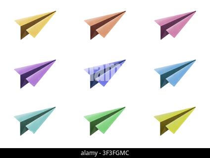 Collezione di nove aeroplanini di carta colorati piegati disposti in un motivo a griglia Foto Stock