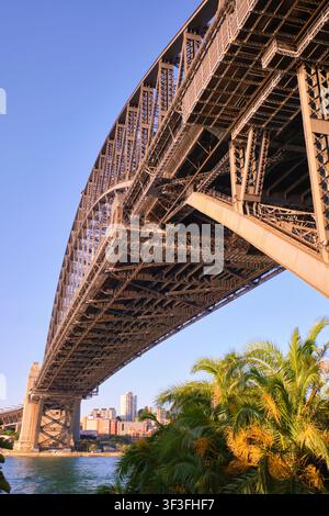 Vista ampia e bassa nella luce dorata del pomeriggio. Al Sydney Harbour, Harbour Bridge nel NSW, Australia. Foto Stock