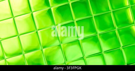 Banner con sfondo lucido di piastrelle di vetro a motivo ripetitivo di mosaico verde senza cuciture quadrati digitali 3D. Foto Stock