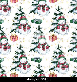 Modello senza cuciture con simpatici pupazzi di neve, alberi di Natale e regali. Illustrazione acquerellata disegnata a mano. Perfetto per le confezioni natalizie, festività stagionali Foto Stock