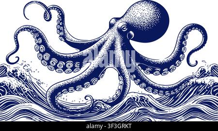Polpo con tentacoli che emerge dalle onde, schizzo. Illustrazione vettoriale. Il disegno è isolato su sfondo bianco. Frutti di mare, pesca, immersioni an Illustrazione Vettoriale