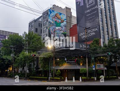 Paesaggio urbano: Ristorante La Provoleta Asador Argentino e murale Dr. Simi a Condesa, Città del Messico (CDMX) Foto Stock