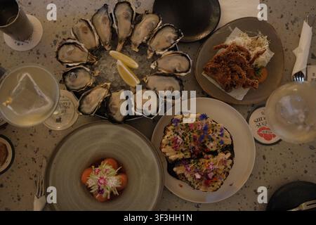 Una vista dall'alto di un banchetto di frutti di mare gourmet con una dozzina di ostriche crude fresche sul ghiaccio con limone, granchio tenero croccante e toast artigianali. Foto Stock