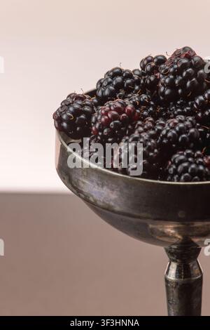 Una fotografia minimalista in verticale di natura morta con un calice di metallo scuro e opaco pieno di bacche nere mature. La composizione è posizionata nel Foto Stock