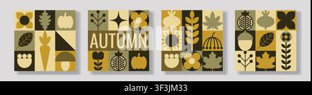 Set di quattro modelli di banner geometrici autunnali e carte quadrate con icone minimaliste di zucche, foglie, funghi, carote, ghiande, melagrane Illustrazione Vettoriale