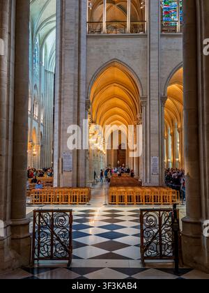 Soffici a volta nella navata centrale della cattedrale di Notre-Dame de Paris sotto i soffitti a volta appena restaurati a Parigi, Francia Foto Stock