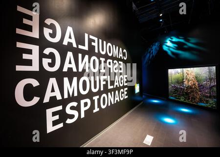 Ingresso dell'esposizione sulla mimetizzazione al Museo dello Spionaggio di Washington DC | WASHINGTON D.C., Stati Uniti — Scrittura a specchio che forma le parole "Mimetizzazione Spionaggio" accoglie i visitatori che entrano nella mostra temporanea del Museo Internazionale dello Spionaggio sulla inganno, con un manichino in tuta ghillie visibile in un diorama forestale oltre. La tuta, sviluppata da guardiacaccia scozzesi e adottata da cecchini militari, sfrutta lo stesso principio di pattern disruptivo utilizzato nella mimetizzazione dazzle e nei moderni design anti-riconoscimento facciale presenti altrove nella mostra. Foto Stock