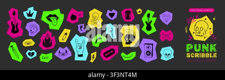 Scribbles punk. Arte musicale emo rock. Icone neon Y2k. Adesivo di matita ritagliato. Collage vectoriale per scrapbooking Illustrazione Vettoriale
